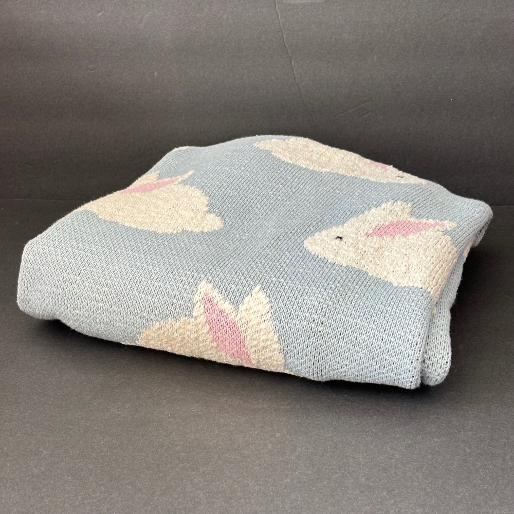 Safavieh Cotton Knit Bunny Rabbit Baby Blanket Light Blue Grey Reversible Luxe